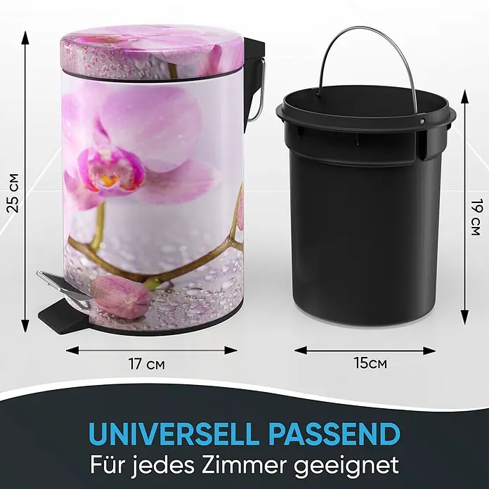 SANILO Kosmetikeimer Blooming - 3 l, Metall, Hellrosa|Pink - Rosa Orchideen-Treteimer (25x17cm) mit schwarzem Inneneimer (19x15cm).