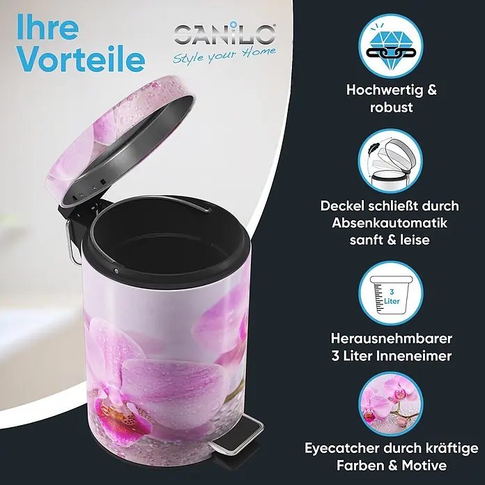 SANILO Kosmetikeimer Blooming - 3 l, Metall, Hellrosa|Pink - Pedaleimer mit Orchideenmuster und 3 Litern Fassungsvermögen, Deckel geöffnet, zeigt schwarzen Inneneimer.