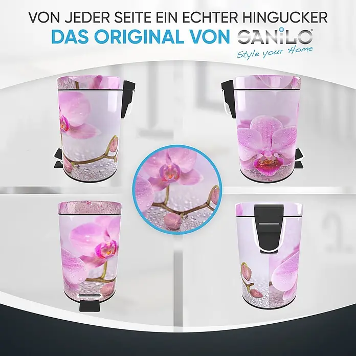 SANILO Kosmetikeimer Blooming - 3 l, Metall, Hellrosa|Pink - Tretmülleimer mit pinkem Orchideen- und Wassertropfenmuster, aus verschiedenen Blickwinkeln gezeigt.