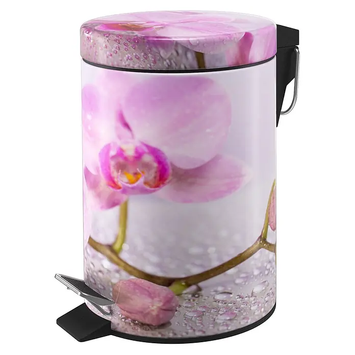 SANILO Kosmetikeimer Blooming - 3 l, Metall, Hellrosa|Pink - Tretmülleimer mit rosa Orchideen- und Wassertropfenmotiv. Mit silbernem Pedal und schwarzem Griff.