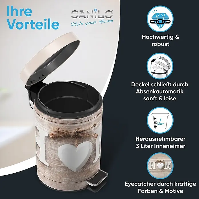 SANILO Kosmetikeimer Home - 3 l, Metall, Braun|Beige|Hellbraun - Ein 3-Liter-Tretmülleimer in Beige mit rustikaler Holzoptik und 'HOME'-Schriftzug, Soft-Close-Deckel und herausnehmbarem Inneneimer.