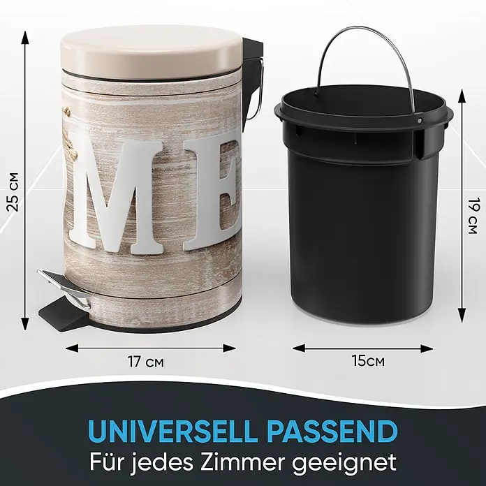 SANILO Kosmetikeimer Home - 3 l, Metall, Braun|Beige|Hellbraun - Zweiteiliger Abfalleimer: ein Pedal-Mülleimer in Holzoptik mit beigem Deckel und ein schwarzer Inneneimer mit Metallgriff.