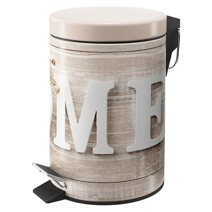SANILO Kosmetikeimer Home - 3 l, Metall, Braun|Beige|Hellbraun - Hellbeiger Treteimer mit Holzoptik-Korpus und "HOME"-Schriftzug.