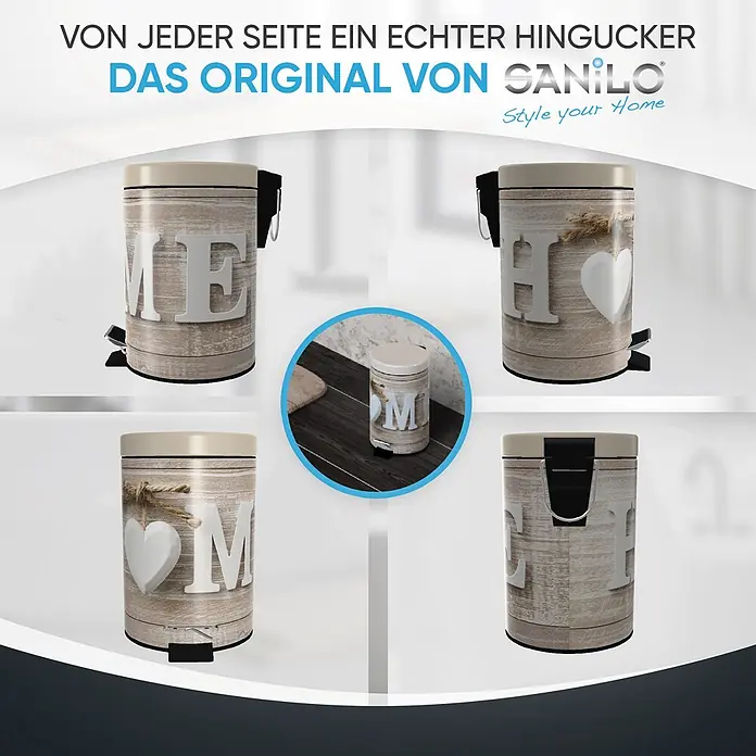 SANILO Kosmetikeimer Home - 3 l, Metall, Braun|Beige|Hellbraun - Dekorativer Treteimer in Holzoptik mit beigem Deckel und "HOME"-Schriftzug mit Herz.