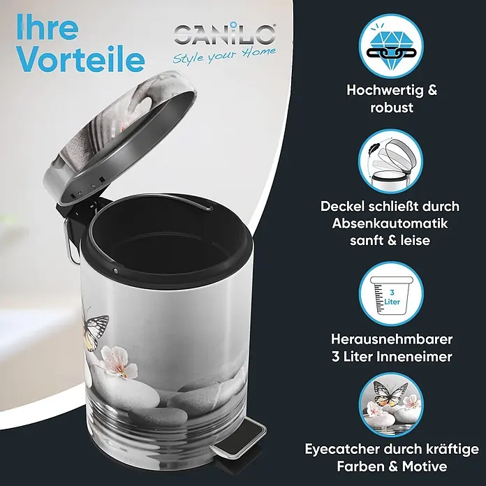 SANILO Kosmetikeimer Vanesa - 3 l, Metall, Grau|Weiß|Orange|Gelb|Dunkelgrau - Silberner Treteimer mit Schmetterlings-, Blumen- und Steinmotiv, sanft schließendem Deckel und herausnehmbarem 3-Liter-Inneneimer.