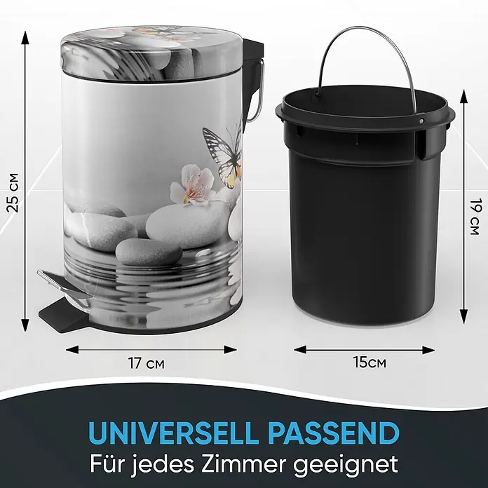 SANILO Kosmetikeimer Vanesa - 3 l, Metall, Grau|Weiß|Orange|Gelb|Dunkelgrau - Ein dekorativer Treteimer mit Naturmotiv (Kiesel, Blumen, Schmetterling) und ein schlichter schwarzer Inneneimer mit Henkel.