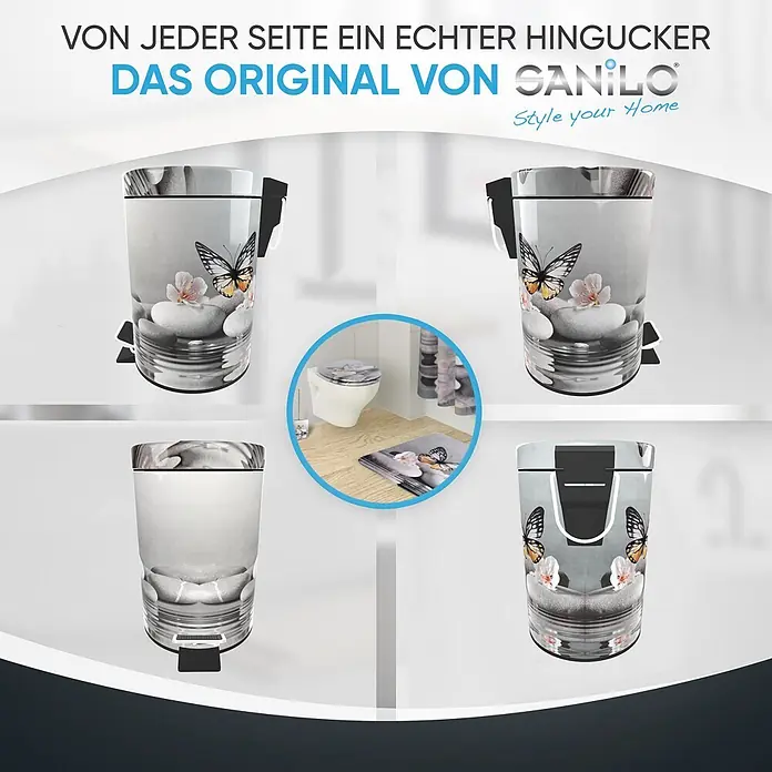 SANILO Kosmetikeimer Vanesa - 3 l, Metall, Grau|Weiß|Orange|Gelb|Dunkelgrau - Vier graue Treteimer mit Schmetterlings- und Steindesign, dazu passender Toilettensitz und Badematte.