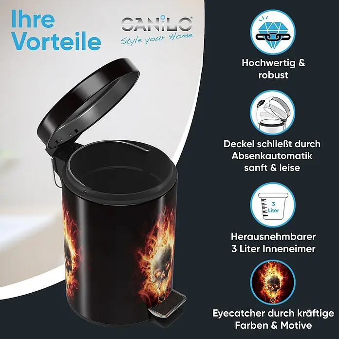 SANILO Kosmetikeimer Totenkopf in Flammen - 3 l, Metall, Schwarz|Rot|Gelb - Schwarzer Treteimer mit feurigem Totenkopfdesign, Deckel offen.