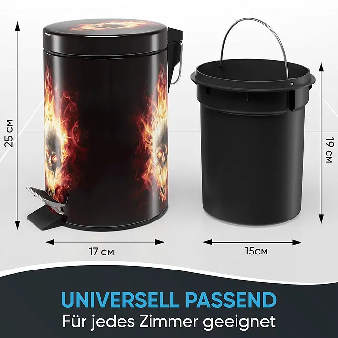 SANILO Kosmetikeimer Totenkopf in Flammen - 3 l, Metall, Schwarz|Rot|Gelb - Schwarzer Treteimer mit feurigem Totenkopf-Motiv und herausnehmbarem Inneneimer.