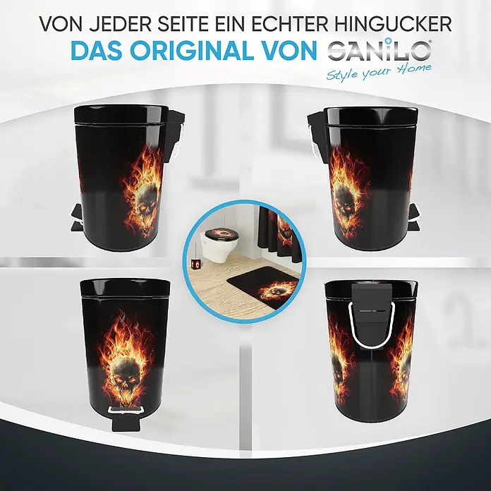 SANILO Kosmetikeimer Totenkopf in Flammen - 3 l, Metall, Schwarz|Rot|Gelb - Schwarzer Treteimer mit flammendem Totenkopf-Design aus verschiedenen Blickwinkeln. Einsatz zeigt passende Toilettensitz, Badematte und Bürstenhalter.
