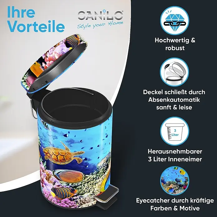 SANILO Kosmetikeimer Ocean - 3 l, Metall, Blau|Hellblau|Gelb|Beige - Treteimer mit farbenfrohem Unterwasser-Design, Deckel offen mit schwarzem Inneneimer.