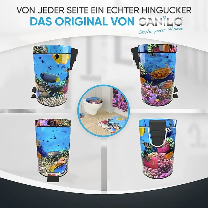 SANILO Kosmetikeimer Ocean - 3 l, Metall, Blau|Hellblau|Gelb|Beige - Badezimmer-Accessoire-Set mit Korallenriff- & Fisch-Design: Treteimer, Toilettensitz, Badematte, Duschvorhang.