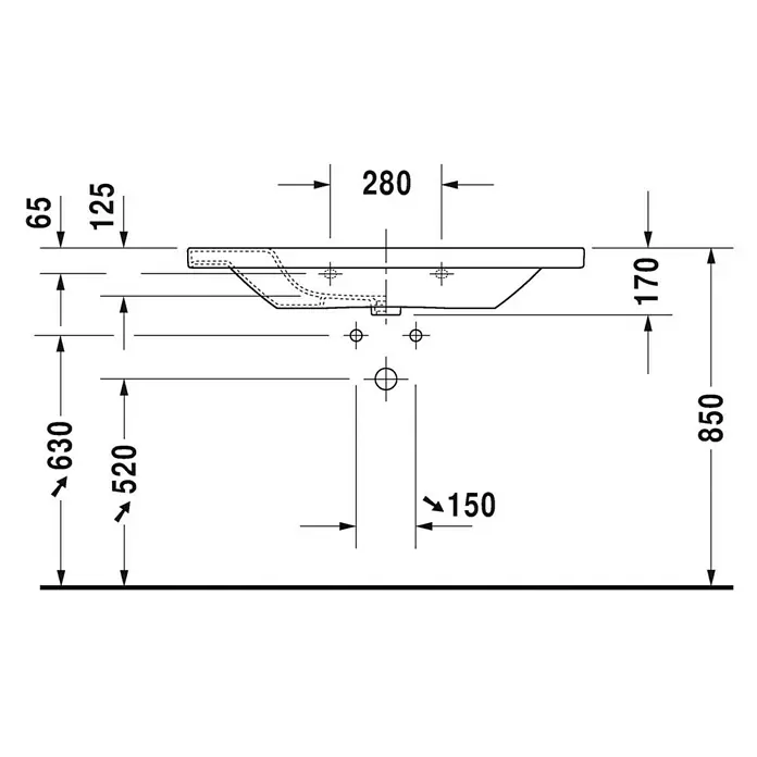 Duravit DuraStyle Waschtisch Typ 1 - 100 x 48 cm, Mit schmutzabweisender Glasur, Hahnloch: Mitte, Mit Überlauf, Weiß - Technische Zeichnung eines Aufsatzwaschbeckens mit Maßangaben für die Installation.