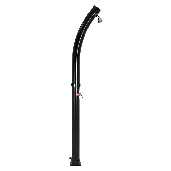 ML-Design Solardusche 20L Rund mit Fußdusche und Regenduschkopf warmes Wasser - Höhe: 222 cm, Kunststoff, Schwarz - Schwarze, gebogene Solardusche mit Duschkopf und Wasserhahn.