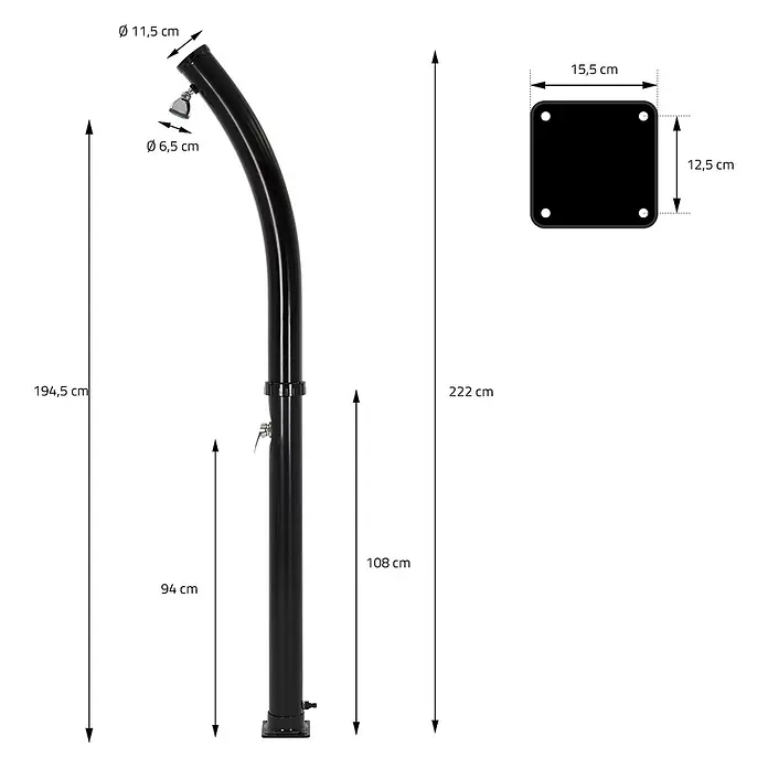 ML-Design Solardusche Fußdusche und Regenduschkopf - Höhe: 222 cm, Kunststoff, Schwarz, 20 l - Schwarze Außendusche, 222 cm hoch, mit Duschkopf Ø 11,5 cm und Basis 15,5 x 12,5 cm.