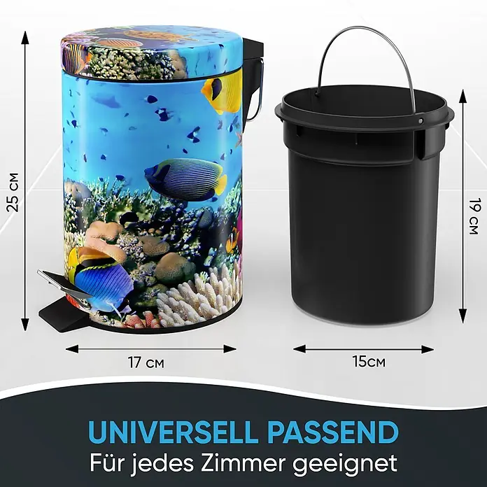 SANILO Kosmetikeimer Ocean - 3 l, Metall, Blau|Hellblau|Gelb|Beige - Farbenfroher Tretmülleimer mit Aquarium-Motiv, 25 cm hoch, 17 cm breit, inklusive schwarzem Inneneimer, 19 cm hoch, 15 cm Durchmesser.