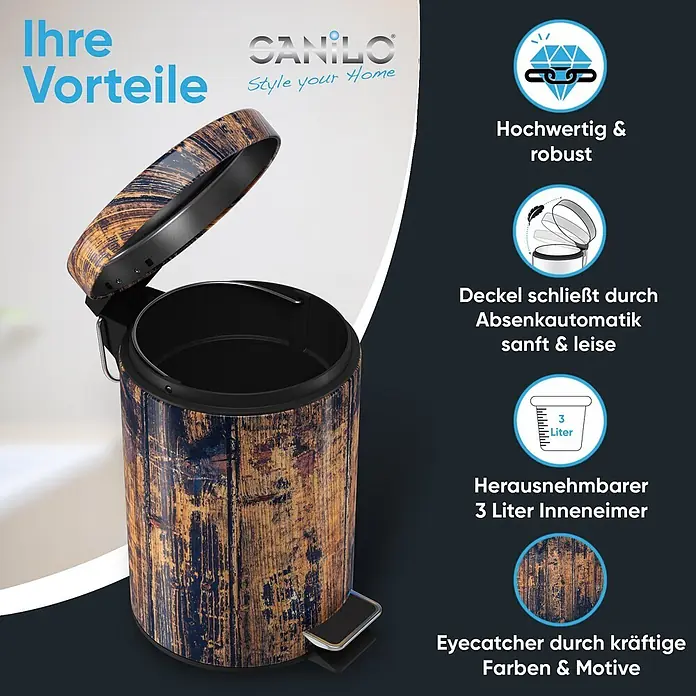 SANILO Kosmetikeimer Vintage - 3 l, Metall, Schwarz|Braun - Holzgemusterter Treteimer mit offenem Deckel, der den herausnehmbaren 3-Liter-Inneneimer zeigt. Sanft schließend und robust.