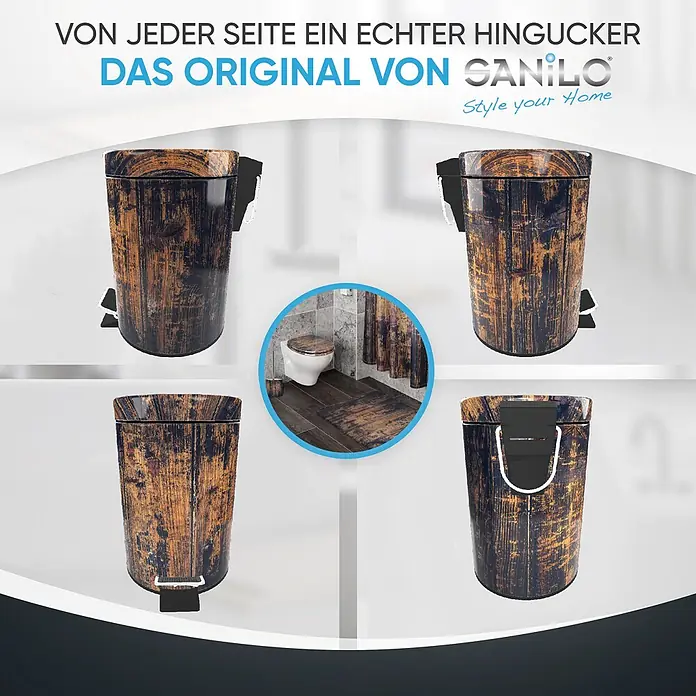 SANILO Kosmetikeimer Vintage - 3 l, Metall, Schwarz|Braun - Pedal-Abfalleimer in rustikaler Holzoptik. Mehrere Ansichten zeigen sein Design mit passendem Badzubehör im Badezimmer.