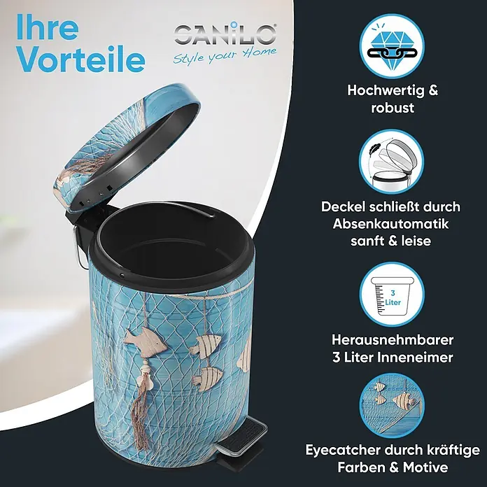 SANILO Kosmetikeimer Seefahrt - 3 l, Metall, Blau|Hellblau|Beige|Hellgrau - Blauer Tretmülleimer mit maritimen Design aus Angelnetz und Fischen.