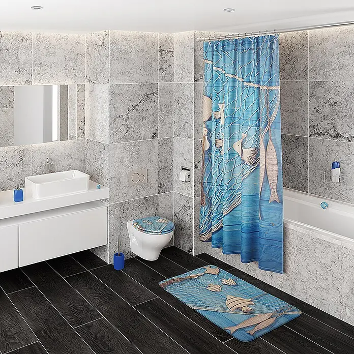 SANILO Kosmetikeimer Seefahrt - 3 l, Metall, Blau|Hellblau|Beige|Hellgrau - Blaues Badset im maritimen Stil mit Duschvorhang, Toilettensitzbezug und Badematte mit Fischernetzen, Holzfischen und Muscheln.