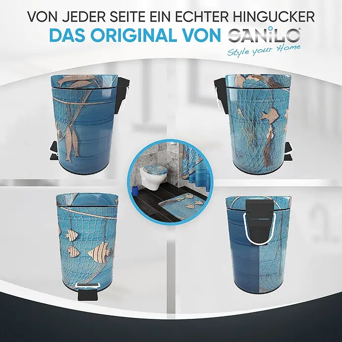 SANILO Kosmetikeimer Seefahrt - 3 l, Metall, Blau|Hellblau|Beige|Hellgrau - Blauer Treteimer mit Fischernetz- und Holzfischmotiv, aus verschiedenen Blickwinkeln und als Teil eines passenden Badsets dargestellt.