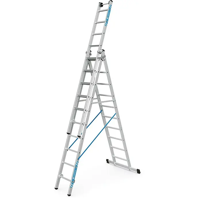 Zarges Mehrzweckleiter Mehrzweckleiter Skymaster Plus X 3x10 Stufen - Anzahl Tritte: 10 Stk., Arbeitshöhe: 7.650 m, Aluminium - Silberne Aluminium-Mehrzweckleiter, als A-Leiter mit Auszug und blauen Stabilisierungsbändern konfiguriert.