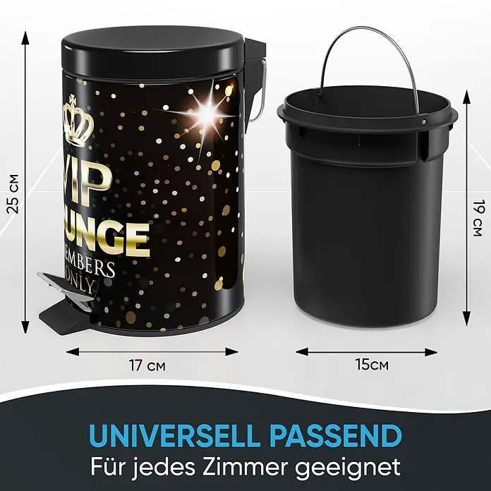 SANILO Kosmetikeimer VIP Lounge - 3 l, Metall, Schwarz|Goldfarben - Schwarzer Treteimer mit goldener Krone, "VIP Lounge" Design und schwarzem Inneneimer mit Metallgriff.