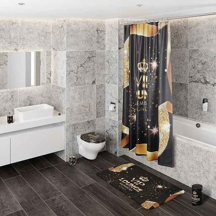 SANILO WC-Sitz VIP Lounge mit Schnellverschluss - MDF, Goldfarben, Mit Absenkautomatik - Schwarz-goldenes 'VIP Lounge' Bad-Set: Duschvorhang, Badematte, WC-Sitz & passende Accessoires.