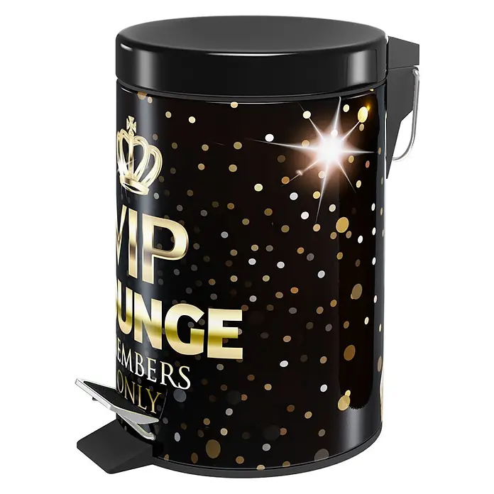 SANILO Kosmetikeimer VIP Lounge - 3 l, Metall, Schwarz|Goldfarben - Schwarzer Treteimer mit goldener VIP LOUNGE MEMBERS ONLY Aufschrift, Krone, Konfetti und Glitzer-Effekt. Mit Silberpedal.