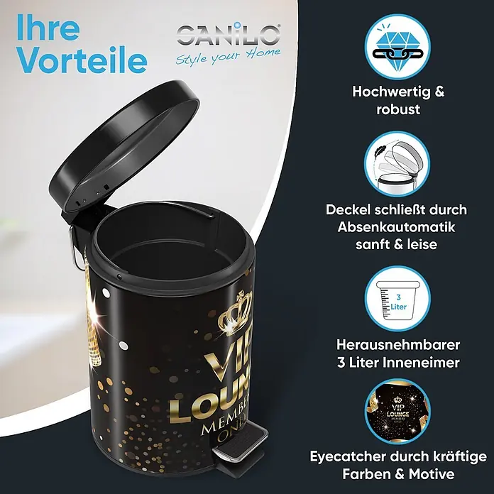 SANILO Kosmetikeimer VIP Lounge - 3 l, Metall, Schwarz|Goldfarben - Schwarzer Treteimer mit offenem Deckel, goldenem 'VIP LOUNGE'-Design und Krone.