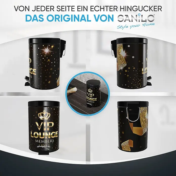 SANILO Kosmetikeimer VIP Lounge - 3 l, Metall, Schwarz|Goldfarben - Schwarzer Treteimer mit goldener 'VIP Lounge'-Aufschrift, Krone und Konfetti-Muster.