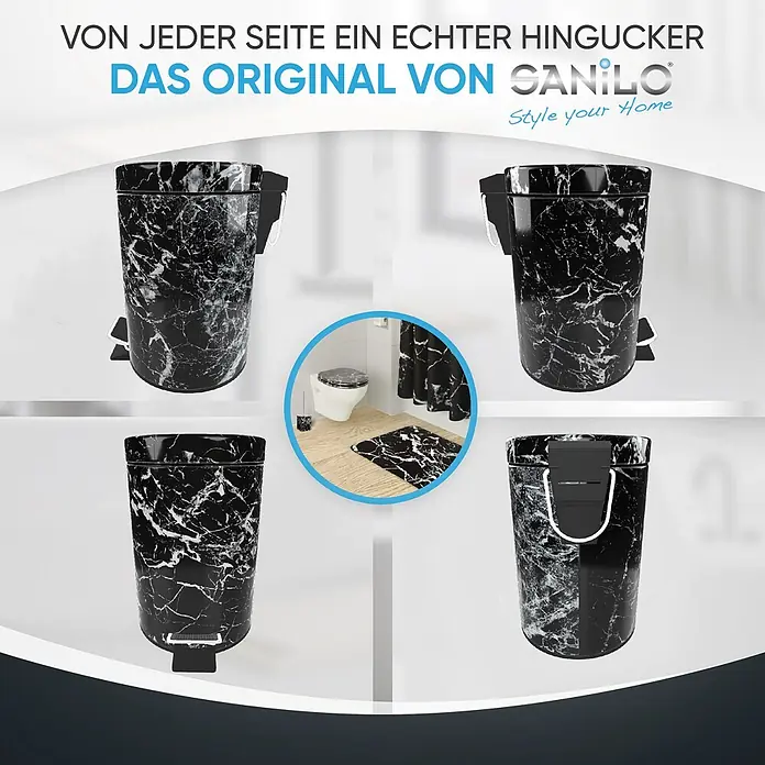 SANILO Kosmetikeimer Marmor Schwarz - 3 l, Metall, Schwarz - Schwarz-weißer Pedaleimer mit Marmormuster, aus vier Blickwinkeln gezeigt. Einleger zeigt passendes Badaccessoires-Set.