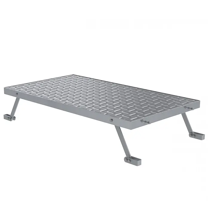 Munk Arbeitsplattform modulares Arbeitspodest Überstiegsmodul - Aluminium - Graue Metall-Zugangsplattform mit rutschfester perforierter Oberfläche und stabilen Stützbeinen.