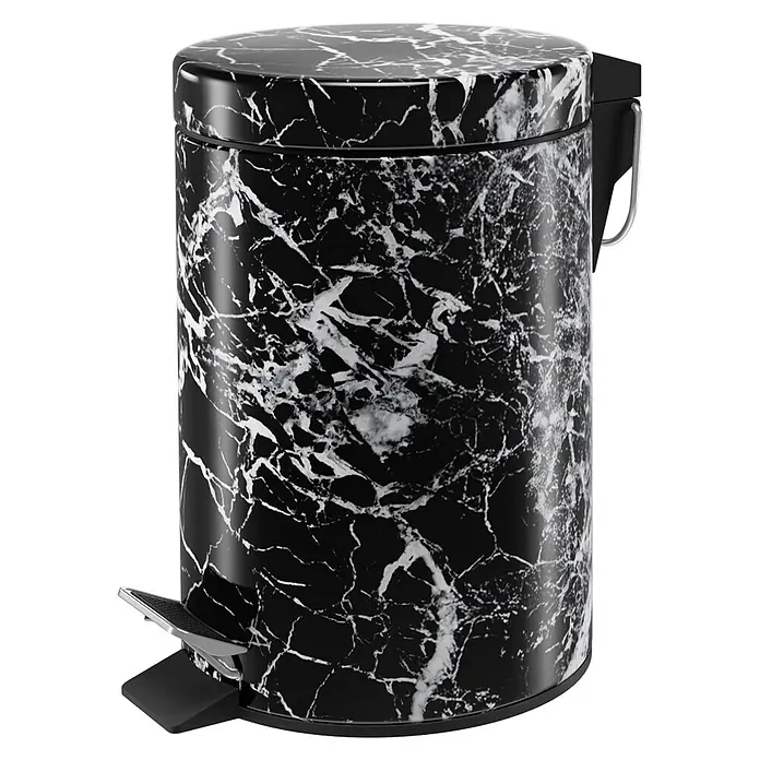 SANILO Kosmetikeimer Marmor Schwarz - 3 l, Metall, Schwarz - Schwarz-weiß marmorierter Tretmülleimer mit Fußpedal und Griff.