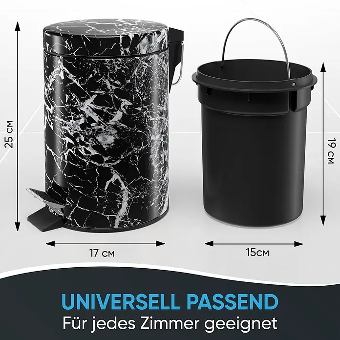 SANILO Kosmetikeimer Marmor Schwarz - 3 l, Metall, Schwarz - Schwarzer Treteimer mit Marmormuster und schwarzem Inneneimer. Maße: Eimer H25xW17cm, Inneneimer H19xW15cm.