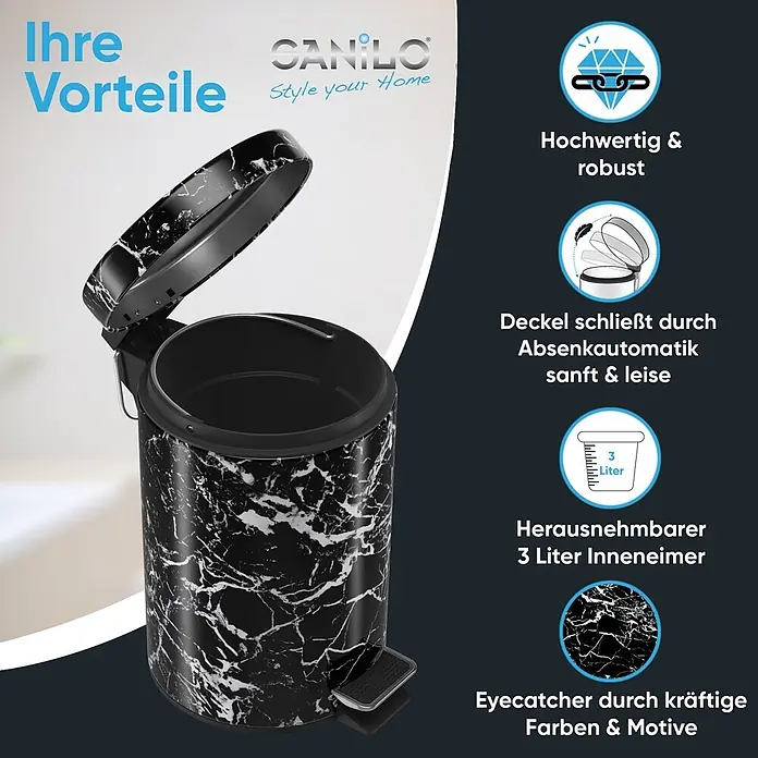 SANILO Kosmetikeimer Marmor Schwarz - 3 l, Metall, Schwarz - Schwarzer Treteimer mit Marmormuster und offenem Deckel, 3 Liter Fassungsvermögen.