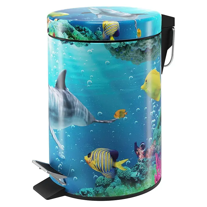 SANILO Kosmetikeimer Delphin Korallen - 3 l, Metall, Blau|Türkis - Treteimer mit Unterwassermotiv, das Haie und bunte Fische zeigt. Schwarzer Boden, Pedal und Deckelmechanismus.