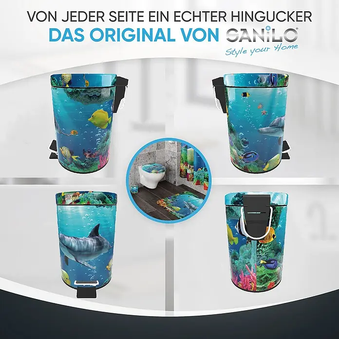 SANILO Kosmetikeimer Delphin Korallen - 3 l, Metall, Blau|Türkis - Treteimer mit Unterwasserdesign: Fische, Korallen, Haie und Delfine. Ein Einsatz zeigt passende Badaccessoires.