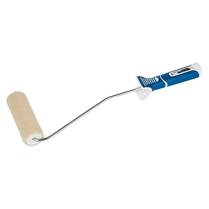 Profi Depot by Storch-Ciret Lackierroller K30 - Breite Walze: 12 cm, Bügelstärke: 6 mm, Bügellänge: 399.999 cm - Nahaufnahme eines Profi Depot Farbrollers mit blau-weißem Griff und beiger Walze, ideal für präzises Malen.