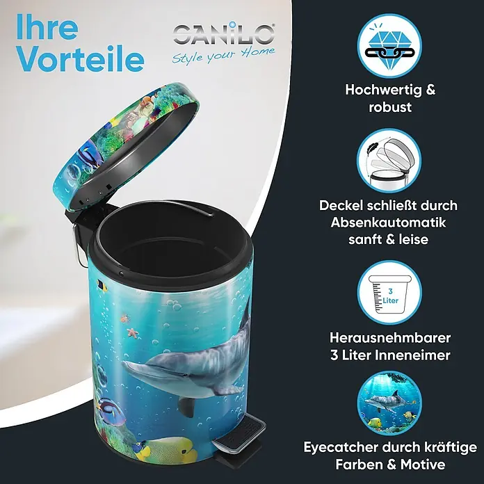 SANILO Kosmetikeimer Delphin Korallen - 3 l, Metall, Blau|Türkis - Blauer Treteimer mit Unterwasser-Design, inklusive Delfin und Fischen. Verfügt über einen herausnehmbaren 3-Liter-Inneneimer.