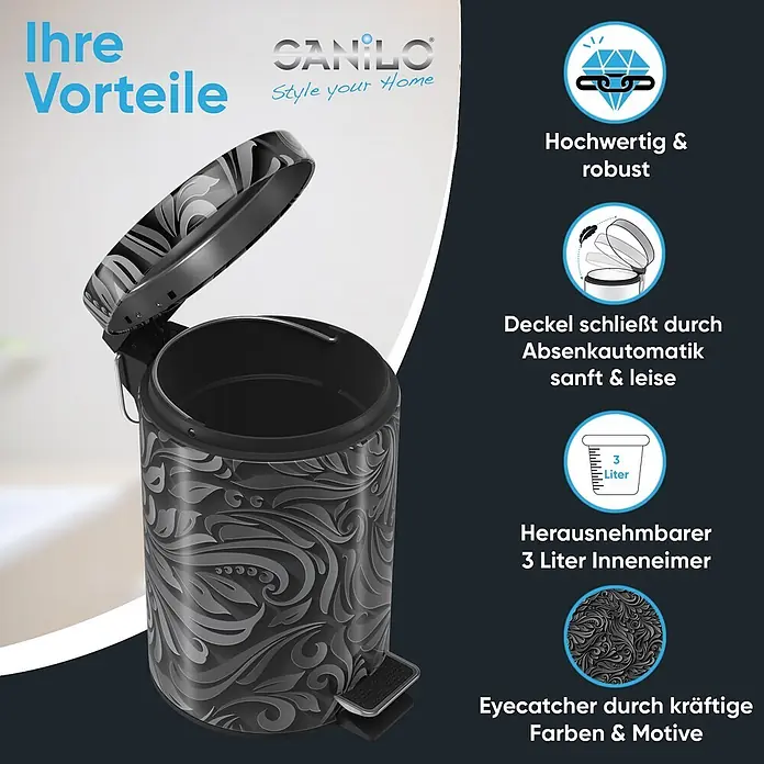 SANILO Kosmetikeimer Floral - 3 l, Metall, Grau|Schwarz - Schwarzer 3-Liter-Tretmülleimer mit offenem Deckel und eleganten grauen Blumenmustern.