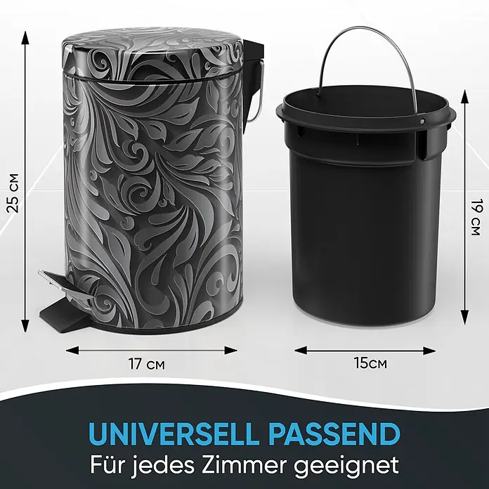 SANILO Kosmetikeimer Floral - 3 l, Metall, Grau|Schwarz - Dunkelgrauer Tretmülleimer mit Muster und schwarzem Inneneimer. Maße: Eimer 25x17cm, Inneneimer 19x15cm.