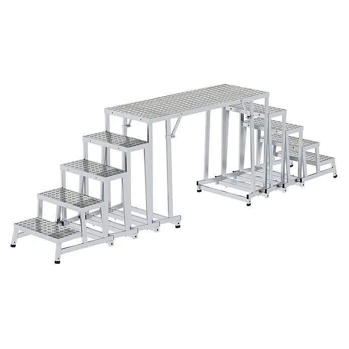 Munk Arbeitsplattform modulares Arbeitspodest Grundmodul - Anzahl Tritte: 2 Stk., Arbeitshöhe: 2.400 m, Aluminium - Modulares Arbeitsgerüst aus silbernem Aluminium und Zugangsleitern mit rutschfesten Riffelblechoberflächen.