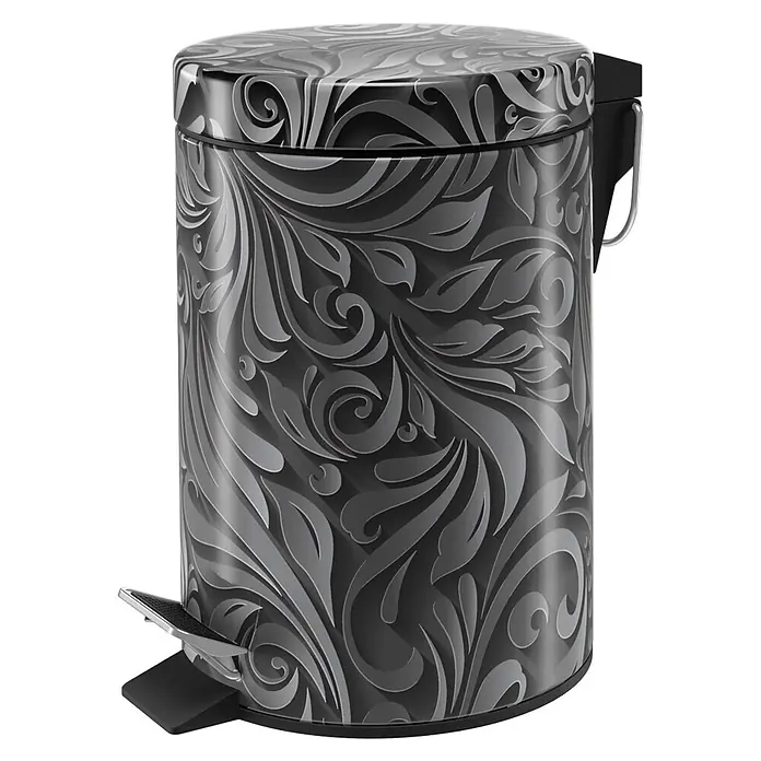 SANILO Kosmetikeimer Floral - 3 l, Metall, Grau|Schwarz - Dunkelgrauer Treteimer mit hellgrauem Ornamentmuster, ausgestattet mit Fußpedal und Griff.