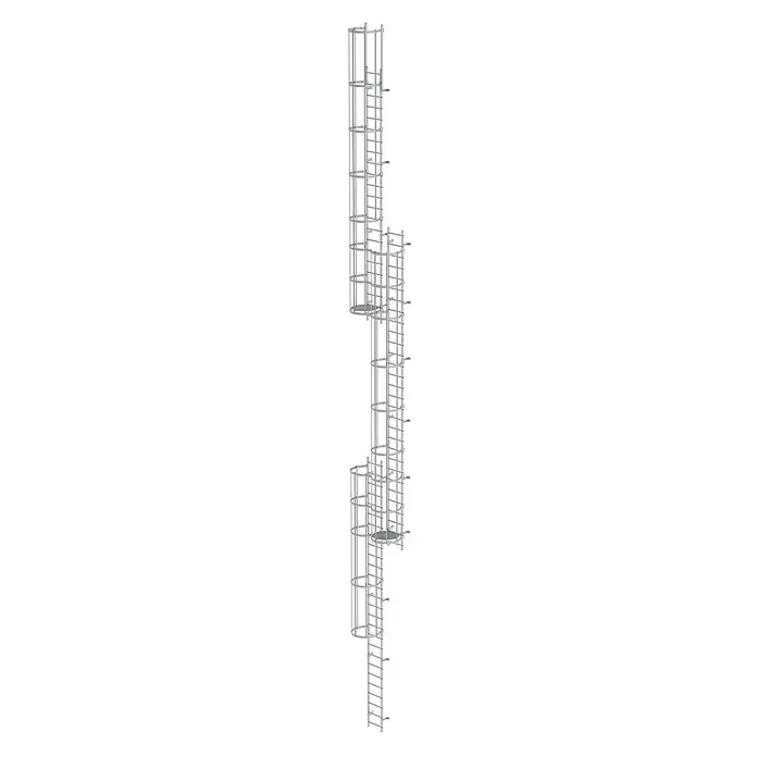 Munk Anlegeleiter ortsfeste Steigleitern Aluminium eloxiert, 17,64m SH PG2 - Aluminium - Modulares, silberfarbenes Metall-Steigschutzsystem mit mehreren vertikalen Abschnitten, integrierten Schutzkaefigen und Übergangsplattformen.