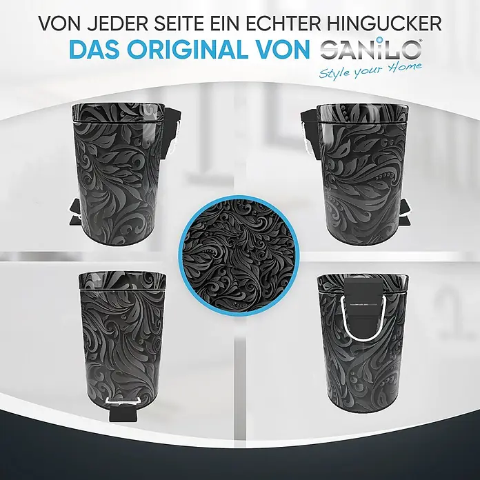 SANILO Kosmetikeimer Floral - 3 l, Metall, Grau|Schwarz - Schwarzer Sanilo Treteimer mit glänzendem, ornamentalem Reliefmuster, aus verschiedenen Blickwinkeln und einer Textur-Nahaufnahme.