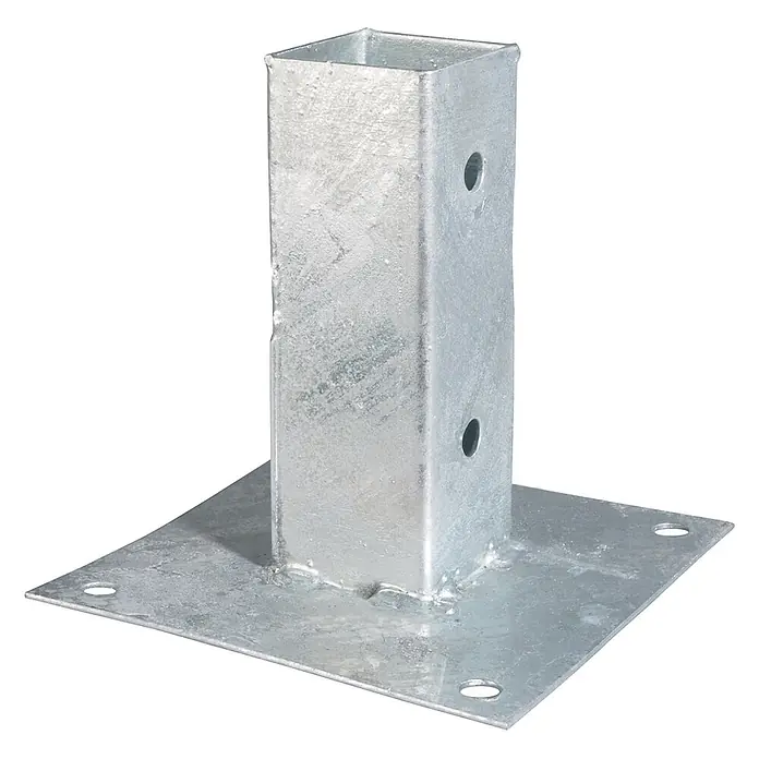 GartenLand Pfostenanker - Stahl, Passend für: 7x7 cm Pfosten, Pfostenträger zum Aufschrauben Hülse - Verzinkter Vierkant-Pfostenanker mit Rohr und flacher Platte zur Pfostenbefestigung.