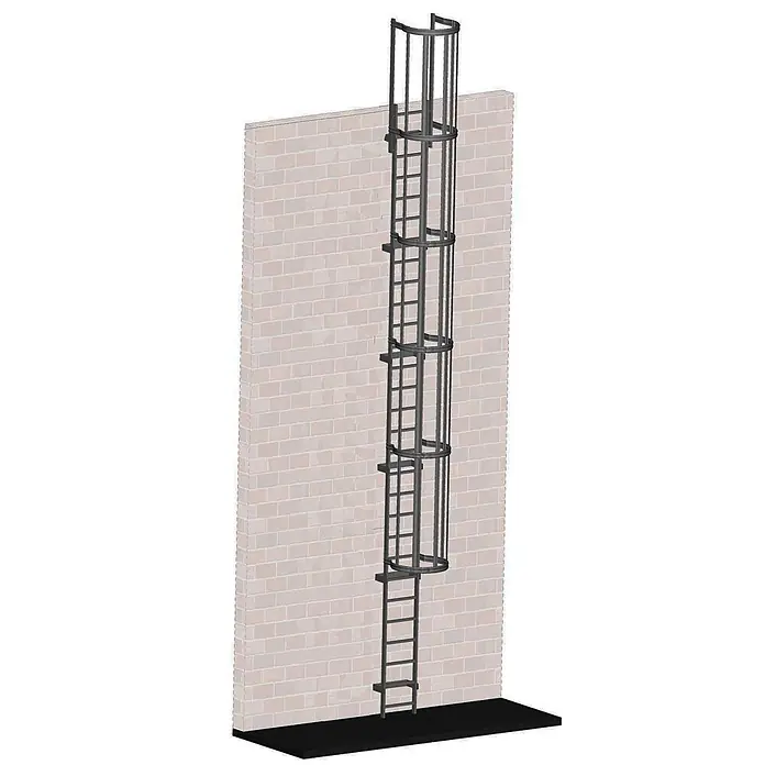 Zarges Anlegeleiter Steigleiter an baulichen Anlagen Aluminium 7,40m SH - Aluminium - Dunkelgraue Metallkäfigleiter an einer Wand montiert.
