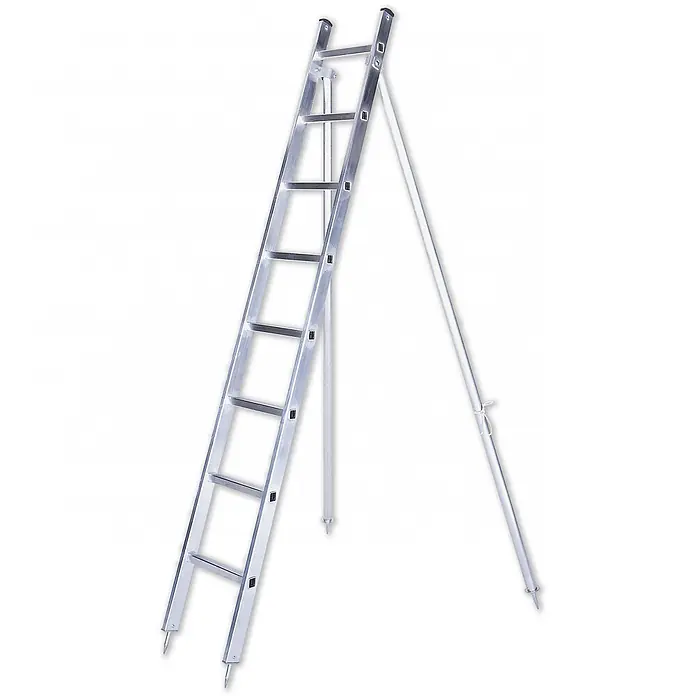 Iller Leiter Anlegeleiter Obstbaum 4,40 AH, 1-teilig mit Stützen und 12 Sprossen - Anzahl Tritte: 12 Stk., Arbeitshöhe: 4.400 m, Belastbarkeit: 100 kg, Aluminium - Silberne Aluminium-Baumleiter mit Spikes für weichen Untergrund.