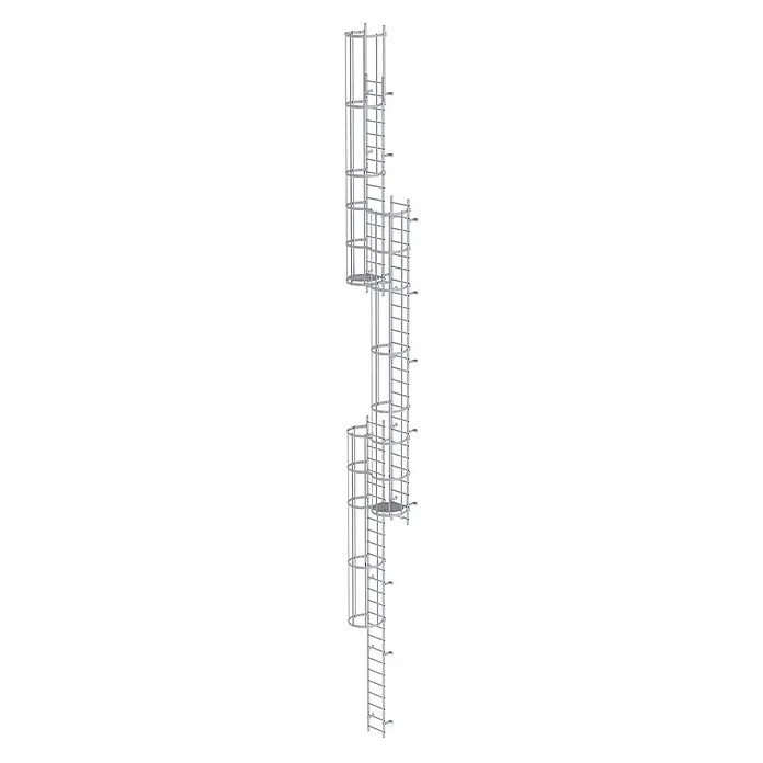 Munk Anlegeleiter ortsfeste Steigleitern Aluminium eloxiert, 15,12m SH PG2 - Aluminium - Silbergraue mehrteilige Industrietreppe mit Schutzkäfigen und Ruheplattformen für sicheren vertikalen Zugang.